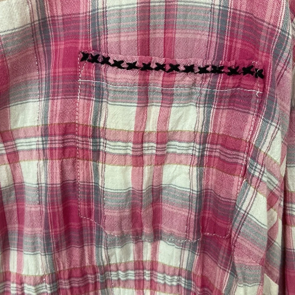 Style & Co. pink plaid western style snap up blouse size 14 silver streaks - Picture 7 of 12